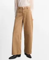 Jeans de corte wide leg y tiro medio en color tostado, con diseño de perneras abuchonadas y bolsillos delanteros simulados.