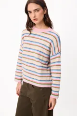 Sweater de punto con diseño de rayas horizontales multicolores en tonos marrón, verde, rosa y amarillo. Presenta cuello redondo, mangas largas y corte holgado.