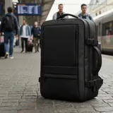 Mochila de viaje expandible color negro, impermeable, con puerto USB integrado, compartimento para laptop, correas ajustables y diseño ergonómico.