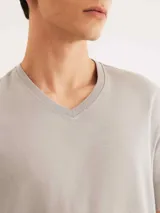 Pijama compuesto por una remera de cuello en V color gris y un short con estampado de rayas verticales en tonos oscuros.