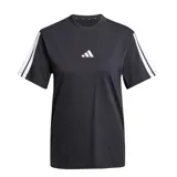Remera Adidas Essentials 3S de mujer, color negro con cuello redondo y mangas cortas. Presenta las tres rayas características de Adidas en blanco a lo largo de las mangas y el logo de la marca en el pecho.