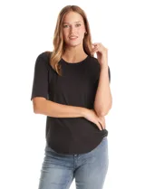 Remera básica de cuello redondo y manga corta, con ruedo redondeado. Confeccionada en tejido de viscosa con elastano.