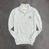 Buzo gris claro melange de algodón con felpa, cuello alto con medio cierre y logo Duxon Jeans bordado en el pecho.