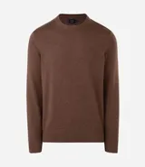 Suéter masculino de tejido de punto pesado, color marrón, con cuello redondo, manga larga y puños y cintura acanalados.