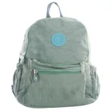 Mochila de tela color verde con cierre de cremallera y bolsillo frontal.