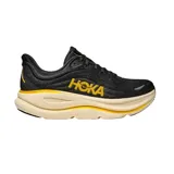Championes de running Hoka Bondi 9 color negro con suela gruesa en tonos beige y amarillo, y logo de la marca en el lateral.
