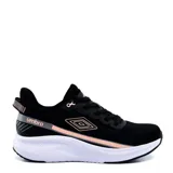 Championes de mujer Umbro Rokar en color negro con detalles en rosado y suela blanca. Diseño deportivo con capellada de malla transpirable y cordones tono sobre tono.