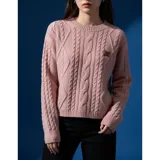 Buzo negro de punto con diseño trenzado y cuello redondo, de manga larga y ajuste cómodo con puños y dobladillo acanalados. Presenta una pequeña etiqueta metálica decorativa en el pecho.