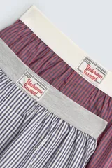 Pack de dos bóxers de popelín con cintura elástica. Uno es a rayas verticales blancas y azul marino, con elástico gris. El otro es de color vino/bordó con un patrón sutil, con elástico blanco.