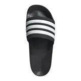 Chancletas Adidas Adilette Shower unisex, color negro con tres tiras blancas.