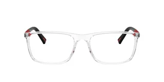 Lentes Prada Sport modelo 03Q, armazón rectangular de acetato transparente con patillas negras y detalles en rojo.