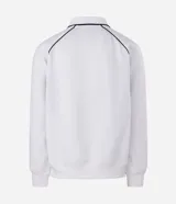 Buzo deportivo de felpa en color blanco con detalles en negro. Presenta cuello tipo polo, mangas largas con puños acanalados y diseño con recortes laterales. Incluye estampados gráficos en el frente con tipografía cursiva y emblema circular.