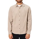 Camisa de manga larga color beige de pana con cuello clásico, cierre con botones marrones y bolsillo en el pecho.