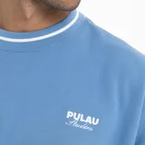 Buzo crewneck de corte boxy y mangas murciélago, con diseño bicolor que combina cuerpo azul y mangas blancas. Presenta detalles de líneas blancas en cuello y ruedo, y letras bordadas en el frente.