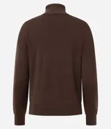 Suéter de punto color marrón chocolate, con mangas largas y diseño de cuello con recorte central y lazo ajustable.
