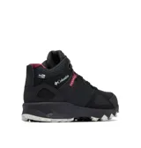 Bota de senderismo impermeable Columbia modelo Peakfreak Hera Mid Outdry, en color negro con detalles en bordó y suela blanca y negra. Confeccionada con empeine transpirable, tecnología de amortiguación Techlite+ y suela de gran tracción Adapt Trax.