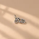 Dije de plata en forma de bicicleta con detalles tridimensionales y acabado oxidado en los relieves.