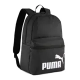 Mochila Puma Phase de color negro, con compartimento principal con cierre, bolsillo frontal con cierre y el logotipo de la marca estampado en blanco. Cuenta con correas ajustables para los hombros.