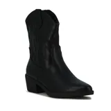 Bota tejana de caña baja color negro, con diseño bordado en la caña y en la puntera. Cuenta con taco cuadrado y punta ligeramente afinada.