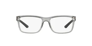 Armazón para lentes de acetato gris transparente, de forma rectangular con patillas negras.