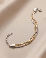 Pulsera de eslabones entrelazados de acero en tonos dorado, plateado y rosado.