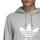 Canguro gris con capucha y cordones ajustables, logo Adidas Trefoil estampado en blanco en el pecho y bolsillo tipo canguro.