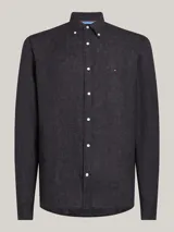 Camisa de hombre Tommy Hilfiger de lino color negro, corte regular, cuello abotonado, manga larga y logo bordado en el pecho.