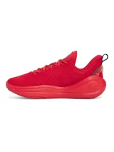 Championes de básquetbol Under Armour Curry 12 modelo Spark, en color rojo vibrante. Presentan una parte superior de malla transpirable con refuerzos, contrafuerte de TPU moldeado en 3D para soporte y amortiguación UA Flow de doble densidad para mayor rebote y agarre en la cancha.