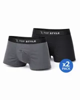 Pack de dos calzoncillos tipo bóxer de algodón, uno en color gris melange y otro en color negro, con cintura elástica ancha negra y el texto 'TOP STYLE' en blanco.