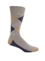 Medias de largo medio con diseño de rombos en tonos gris, beige y azul marino. Incluye el logo bordado de la marca en uno de los rombos.