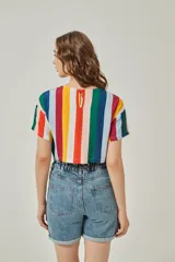 Blusa de mangas cortas con estampado de rayas verticales multicolores.