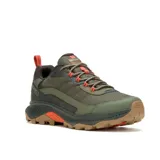 Championes de senderismo Merrell modelo Speed Strike 2 Waterproof, color verde oliva con detalles en naranja y suela marrón. Diseño técnico con malla y cuero sintético, membrana impermeable y suela de goma de alta tracción.