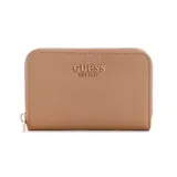 Billetera compacta Guess modelo Amorette, color beige de cuero sintético con cierre perimetral y logo metálico dorado en la parte frontal.