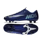Championes de fútbol Nike Mercurial Vapor 13 Academy MDS MG, color azul con detalles en blanco y verde lima. Presenta un diseño con estampado gráfico "001" en el talón y detalles técnicos en el lateral.