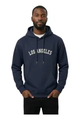 Canguro azul marino de felpa, con capucha ajustable mediante cordones, bolsillo estilo canguro en la parte delantera y estampa con el texto "LOS ANGELES" en el pecho.