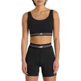 Top deportivo New Balance Train Bra, color negro con banda elástica inferior rayada en blanco y logo de la marca en el centro.