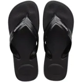Ojotas Havaianas modelo Top Max Comfort, color negro, con diseño ergonómico y suela texturizada antideslizante. Presentan tiras anchas con el logo de la marca grabado.