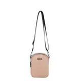 Bandolera pequeña de diseño compacto, color beige, con doble compartimento con cierre y correa larga ajustable con logo de la marca.