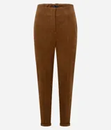 Pantalón skinny de mujer confeccionado en tejido sintético con efecto gamuza aterciopelado. Presenta un corte ajustado, recortes delanteros decorativos, cierre discreto y ruedo con dobladillo plegado.