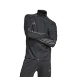 Conjunto deportivo Adidas Sereno Cut 3 Rayas, color gris oscuro, compuesto por campera con cierre y pantalón largo. La campera tiene cuello alto, cierre frontal completo, bolsillos laterales con cierre y las tres rayas características de Adidas en las mangas. El pantalón tiene cintura elástica con cordón ajustable, bolsillos laterales y las tres rayas en los laterales.