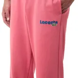 Pantalón de jogging rosado con puños elásticos y logo bordado en azul.
