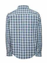 Camisa de manga larga RKF modelo Lighter, confeccionada en algodón orgánico. Presenta un diseño a cuadros en tonos azules, blancos y verdes, con cuello camisero, cierre frontal de botones, bolsillo en el pecho con logo bordado y calce modern fit.