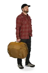 Mochila de viaje Osprey modelo Sojourn Porter 46L, color marrón, con sistema de compresión Straight Jacket, panel trasero AirScape y correas ocultables.