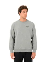 Buzo de cuello redondo y manga larga, confeccionado en tejido french terry color gris melange. Presenta un pequeño logo estampado en el pecho y puños acanalados.