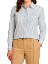 Camisa de manga larga a rayas verticales azules y blancas, confeccionada en algodón.