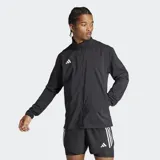 Campera deportiva Adidas Adizero Essentials de color negro, con cierre frontal completo, cuello alto y bolsillos laterales con cierre.