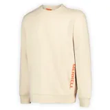 Buzo beige de corte clásico, cuello redondo y mangas largas. Presenta el logo de la marca Merrell estampado verticalmente en color naranja en la manga derecha.