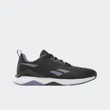 Championes de entrenamiento Reebok Nanoflex TR 2, color negro con detalles en violeta y suela blanca.