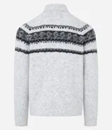 Suéter de punto gris con cuello alto y manga larga. Presenta textura jacquard y estampa horizontal étnica en tonos negros y grises.