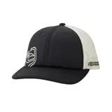 Gorra negra de visera curva con paneles frontales rígidos y paneles traseros de malla blanca. Presenta logo de Rip Curl bordado en blanco en el frente y en la parte posterior.